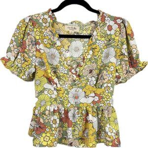 No‎ Frills Los Angeles Blouse Top Women's Small Floral Peplum Puff Sleeve V-Neck